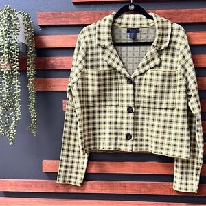 Rachel Roy Textured Knit Cropped Jacket in Green, White and Black Plaid Size XL